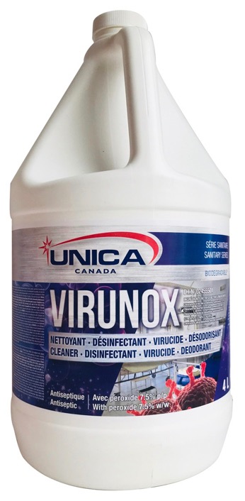 UNICA-NVIRU04(CSX4) ''VIRUNOX'' NETTOYANT DÉSINFECTANT VIRUCIDE ET DÉSODORISANT VENDU CAISSE 4X4L