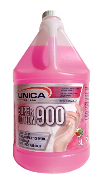 UNICA-904 ''SUPER LOTION 900'' SAVON LOTION DOUX 3 DANS 1 MAINS, CORPS ET CHEVEUX ROSE 4L