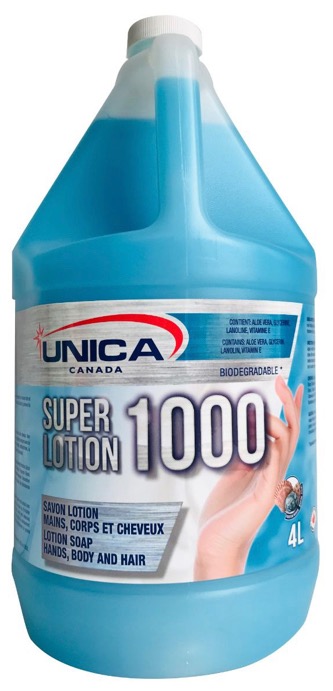 UNICA-1004 ''SUPER LOTION 1000'' SAVON LOTION DOUX 3 DANS 1 POUR MAINS, CORPS ET CHEVEUX BLEU 4L