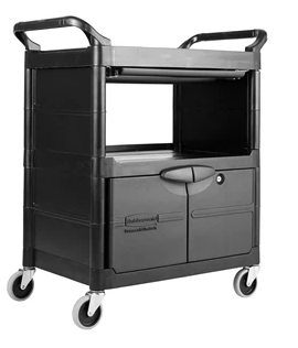 RUBBERMAID 
FG345700BLA - 
CHARIOT UTILITAIRE DE SERVICE AVEC PORTES VERROUILLABLES ET TIROIR COULISSANT